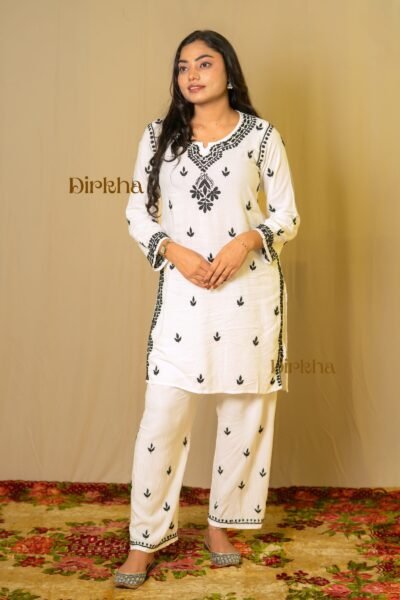 Dirkha Akanksha Chikankari Soft Rayon White Kurta Set