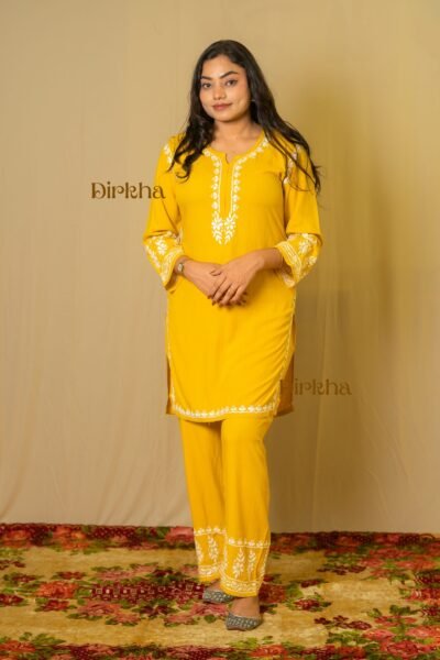 Dirkha Amol Chikankari Soft Rayon Yellow Kurta Set