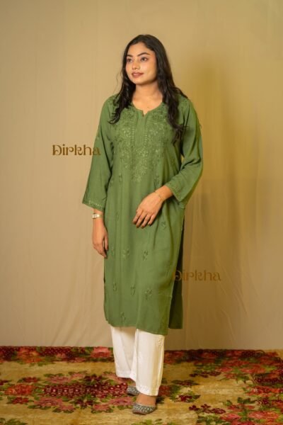 Dirkha Chewang  Chikankari Soft Rayon Green Kurta