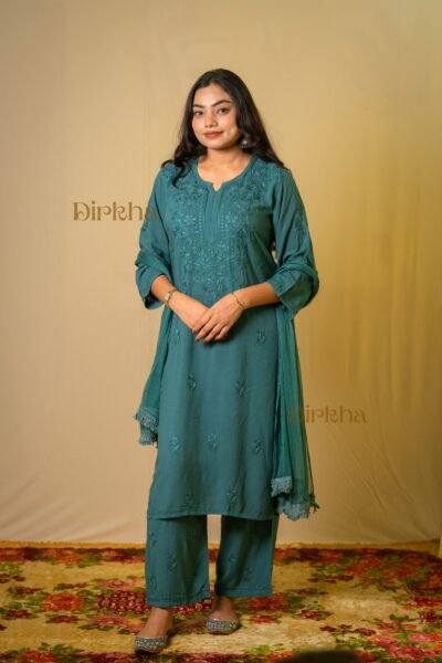 Dirkha Hina Chikankari Soft Rayon Teal Blue Kurta Set With Duppata