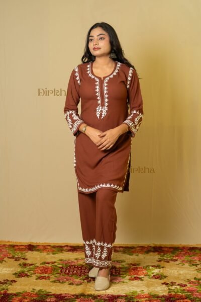 Dirkha Khushi Chikankari Soft Rayon Brown Kurta Set
