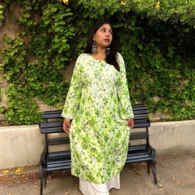 Mul Cotton Long Chikankari Kurta (White Thread) Printed Green