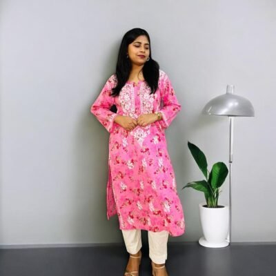 Mul Cotton Long Chikankari Kurta (White Thread) Printed Pink