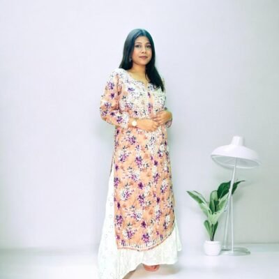 Mul Cotton Long Chikankari Kurta (White Thread) Printed Purple