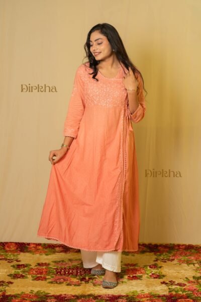Dirkha Paulami  Chikankari Peach Shaded Pure Cotton Angrakha Flared Kurta with Palazzo
