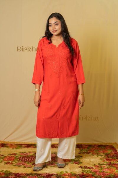 Dirkha Punam Chikankari Mukaish Soft Rayon Red Kurta