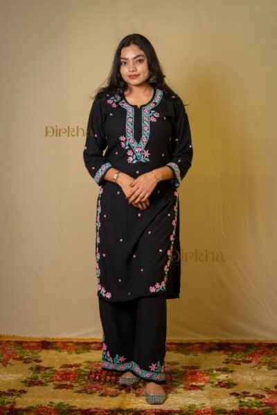 Dirkha Sanna Chikankari Soft Rayon Multithread Black Kurta Set