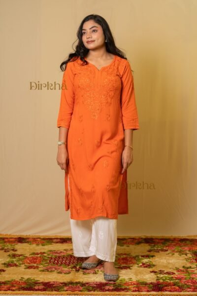 Dirkha Sizu Chikankari Mukaish Soft Rayon Orange Kurta