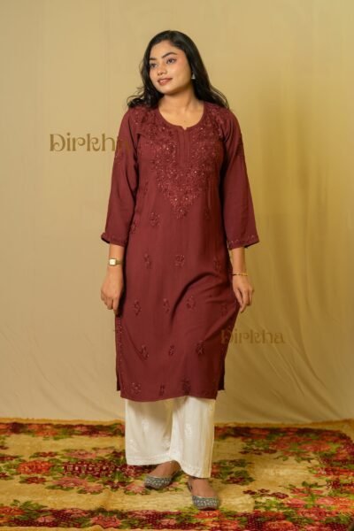 Dirkha Soni Chikankari Mukaish Soft Rayon Dark Brown Kurta