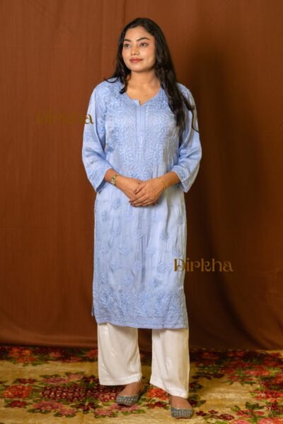 Dirkha Suchi Chikankari Modal Satin Pastel Blue Kurta with Palazzo