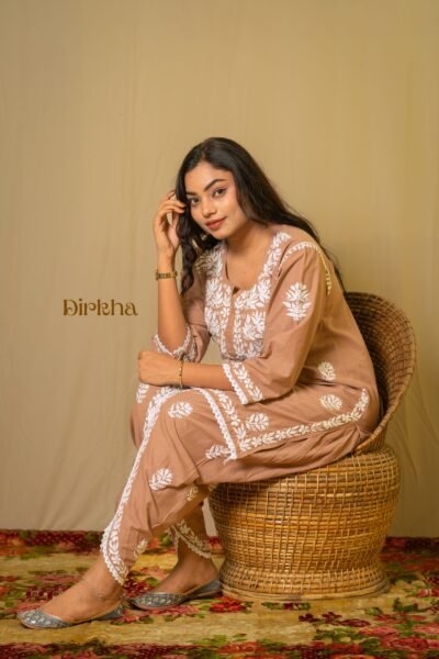 Dirkha Sugandha Chikankari Pure Cotton Light Brown Kurta Set With Dhoti Pant