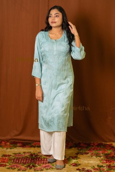 Dirkha Tania Chikankari Modal Satin Pastel Green Kurta with Palazzo