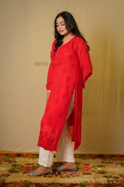 Dirkha Vijeta Chikankari 3D Red Viscose Straight Kurta With Inner