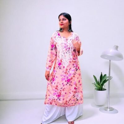 Mul Cotton Long Chikankari Kurta (White Thread) Printed Peach