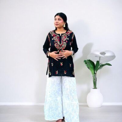Cotton Short KurtaBlack Multicolor Thread