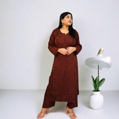 Brown Chikankari kurta Set Cotton