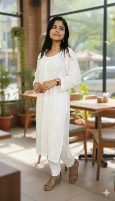 Soft Rayon Long Chikankari Kurta (Same Thread) White