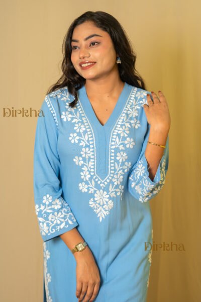 Dirkha Nandita Chikankari Sky Blue Rayon Straight Kurta White Thread
