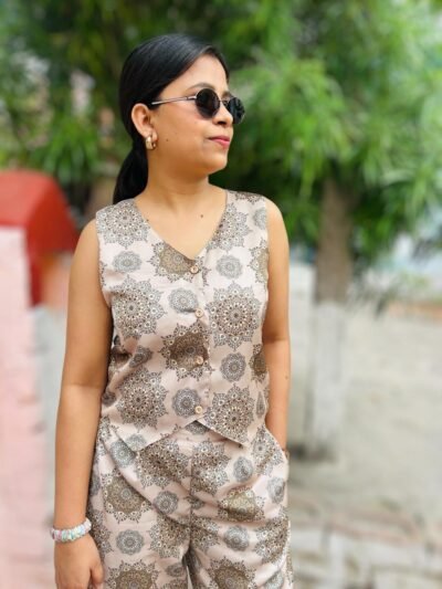 Dirkha Golden Printed Satin Western Waist Coat