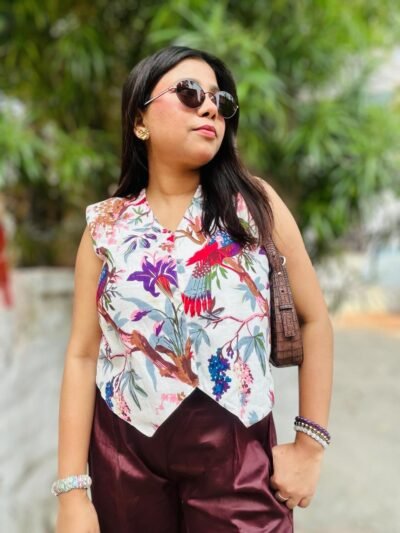 Dirkha White Printed Cotton Western Waist Coat